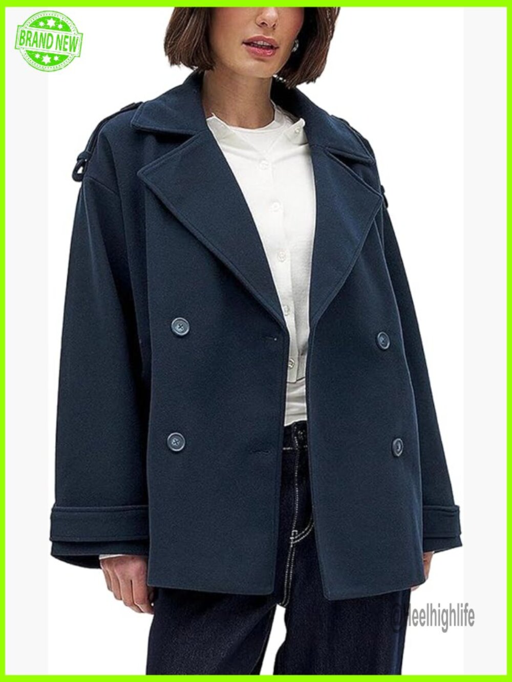 Womens Double Breasted Short Peacoat Wool Blend Oversized Jacket Pockets